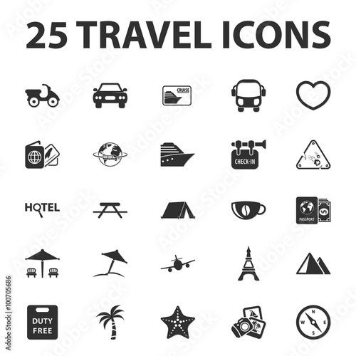 Travel, vacation 25 black simple icons set for web