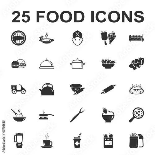Food, kitchen, cooking 25 black simple icons set for web