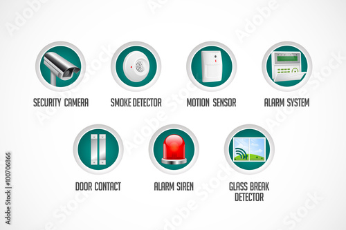 Home security system - motion detector, glass break sensor, gas detector, cctv camera, alarm siren, alarm system concept