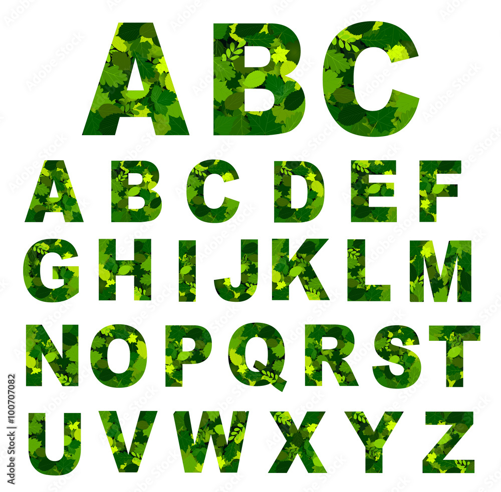 Green Leaves font. Vector illustration. Green Leaves font. Vector illustration.