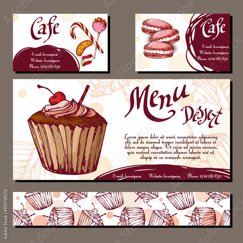 Template with hand drawn sketch bakery. Dessert cards with sweet bakery. Can be used identity style for cafe or restaurant.  Vector illustration