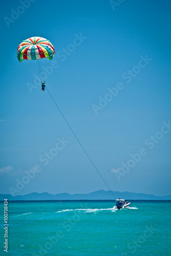 parasailing. So much emotion and excitement of parachuting or just adventure. Underfoot much space . air above you neboy . beautiful clear blue.