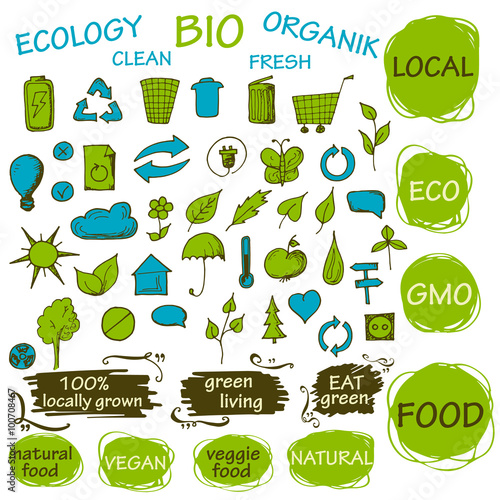 Set of green ecology icons. Eco doodle elements for your design. Bio, natyral, organic templates