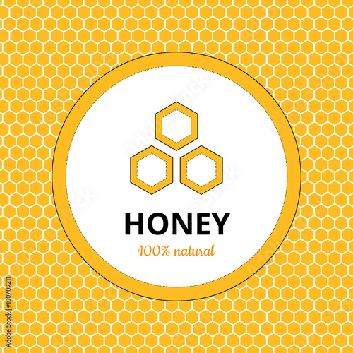 Logo, sticker for honey brand, apriary company with honey with honeycomb background, propolis