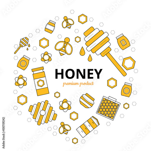 Outline vector flat set of apiary, organic, natural honey, honey bee,  honeycomb, beekeeper, bee, flowers, honey jar, honey dipper for your site, card, sticker and app, propolis