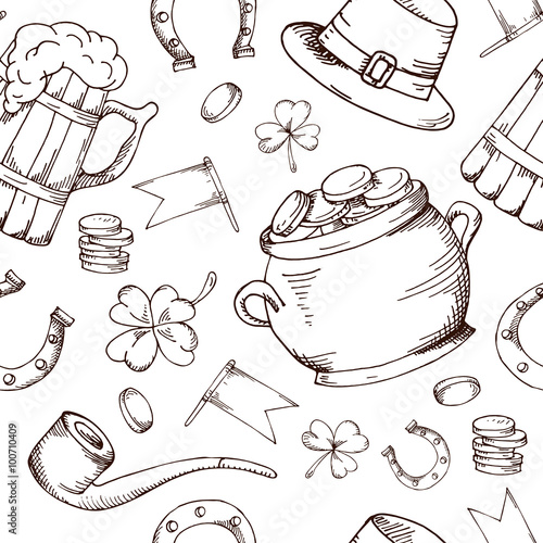 Hand drawn seamless pattern with St. Patrick's day elements. Vector sketch illustration