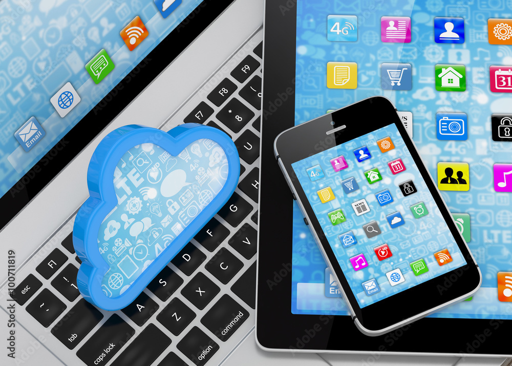 laptop, tablet pc, smart phone and cloud