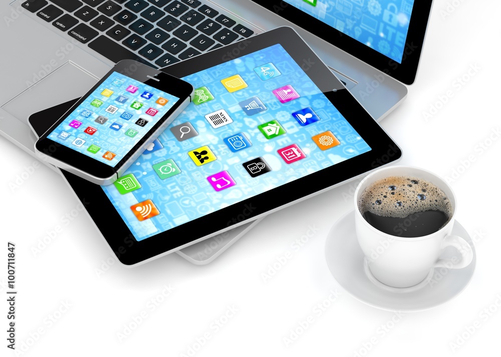 Laptop, phone, tablet pc and coffee. Laptop, phone, tablet pc and coffee.