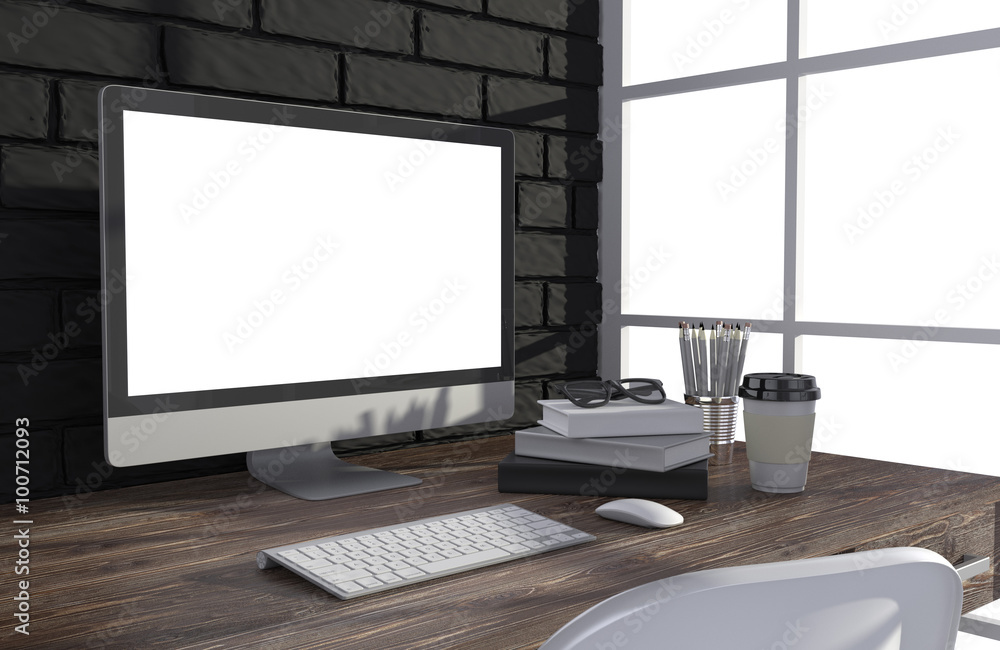 Fototapeta premium 3D illustration PC screen on table in office, Workspace