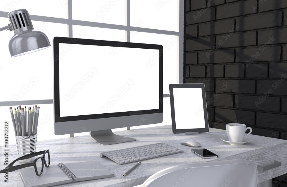 Fototapeta premium 3D illustration PC screen on table in office, Workspace