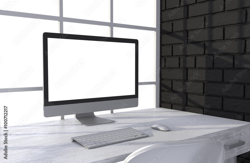 3D illustration PC screen on table in office, Workspace 3D illustration PC screen on table in office, Workspace