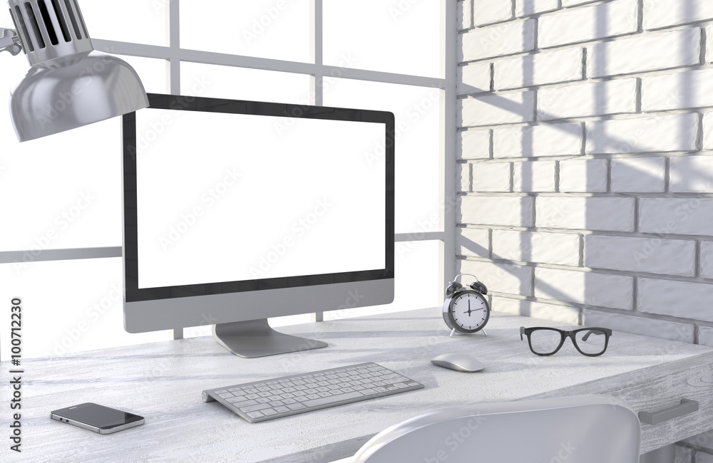 Fototapeta premium 3D illustration PC screen on table in office, Workspace