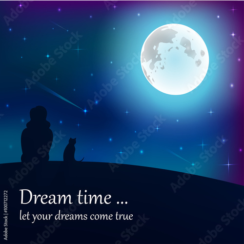 Girl and cat sitting on earth, looking at moon under stars in night sky with text place.