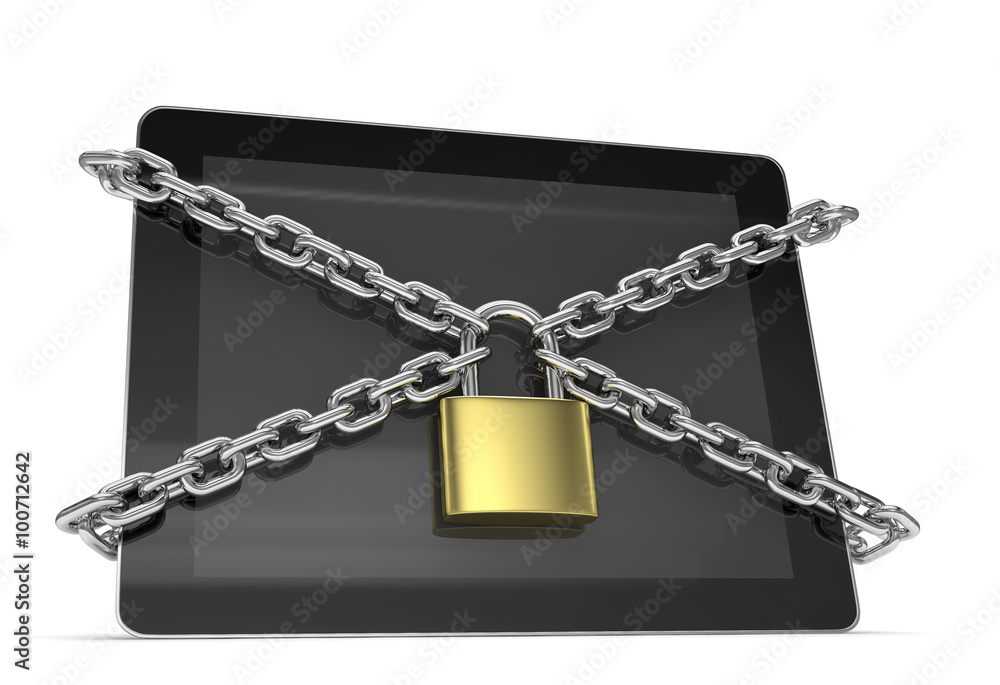 tablet PC with chains and lock isolated on white background tablet PC with chains and lock isolated on white background