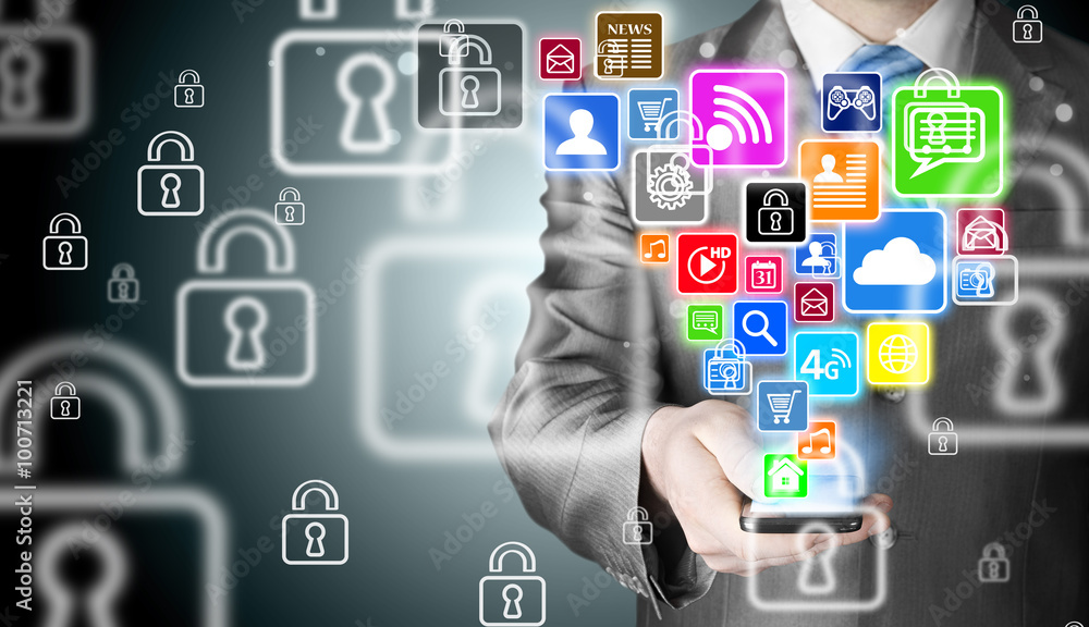 Business man using smart phone with social media icon set Business man using smart phone with social media icon set