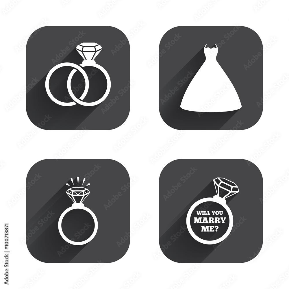 Wedding dress icon. Bride and groom rings symbol Wedding dress icon. Bride and groom rings symbol