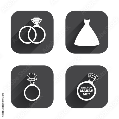 Wedding dress icon. Bride and groom rings symbol