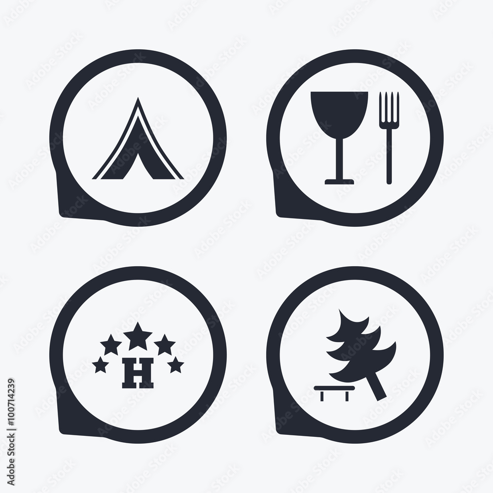 Food, hotel, camping tent and tree signs.