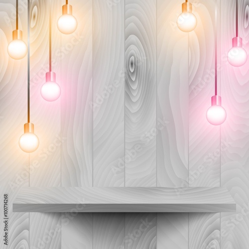 Wooden shelf with a wooden background and some retro lamps hanging.