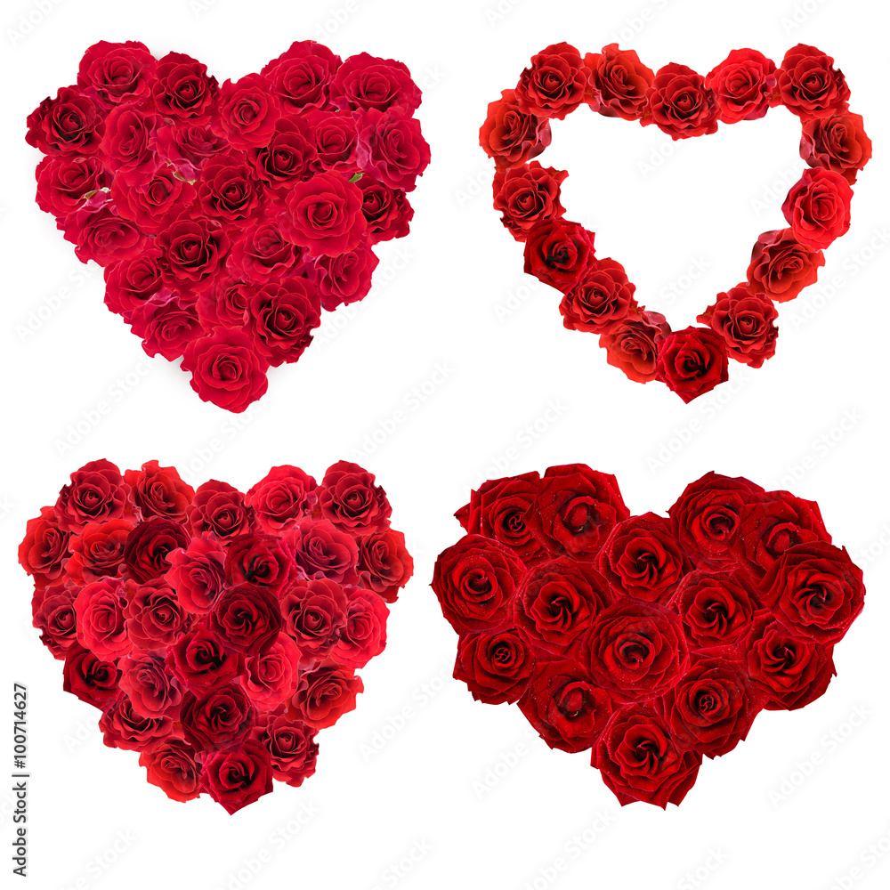 Collage of Valentines Day heart made of red roses isolated on white