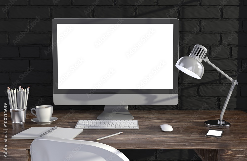 Fototapeta premium 3D illustration PC screen on table in office, Workspace