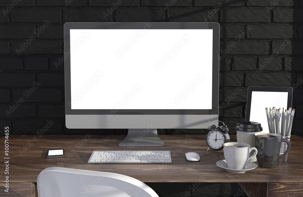 Fototapeta premium 3D illustration PC screen on table in office, Workspace