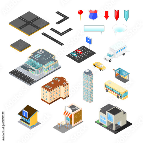 Isometric vector illustration of urban map city kit.
City scene elements on tiles for map and model creation design.