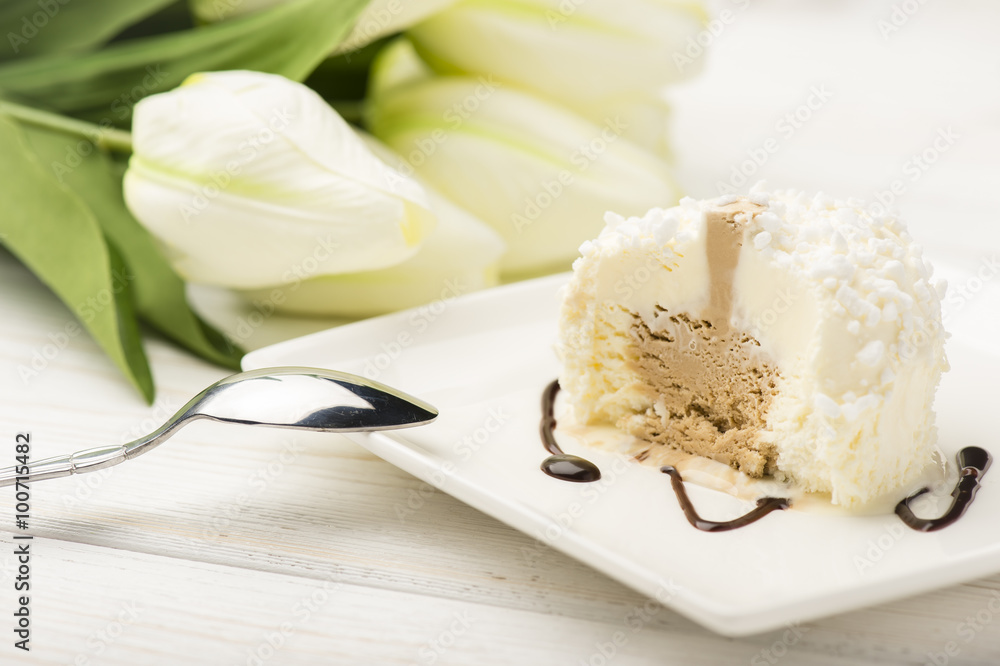 Itailan vanilla icecream on white plate.