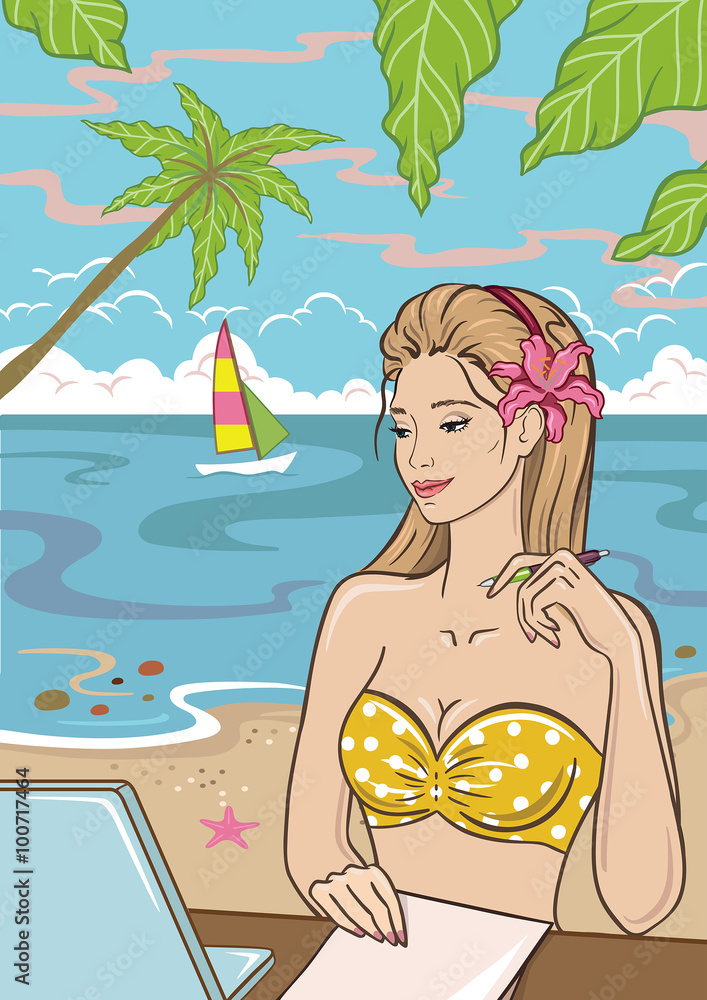 Girl freelancer working for a laptop on the beach background. Vector illustration