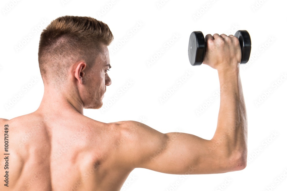 Blonde man in underwear doing weightlifting