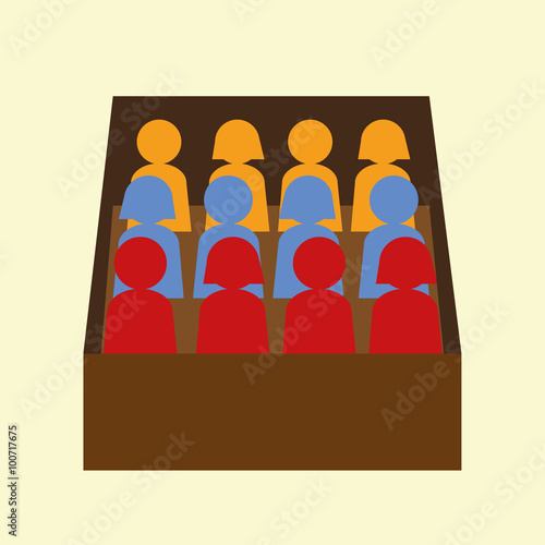 Vector illustration of twelve male and female figures in a jury box or compartment acting as a judgment or interview panel