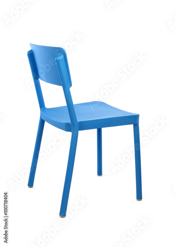 Blue Plastic Cafe Chair on White Background, Three Quarter Rear View