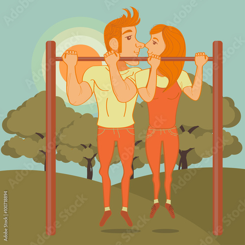 Man and woman doing pull-ups on the bar vector illustration