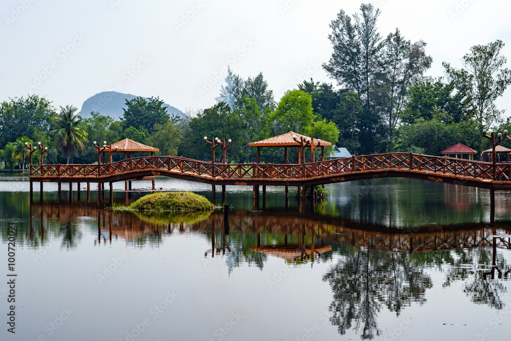 Beautiful garden with bridge and reflection in the lake