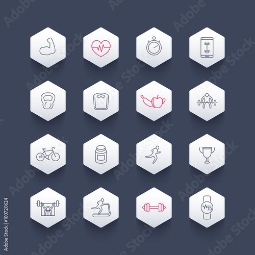 16 fitness line icons, gym, training hexagon icons set, vector illustration