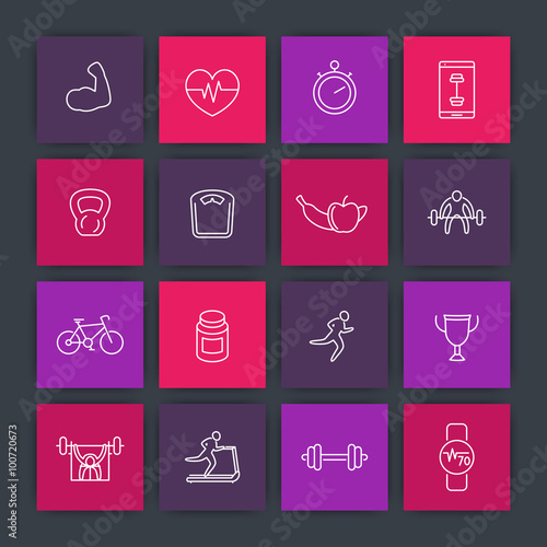 16 fitness, training, gym line square icons, vector illustration