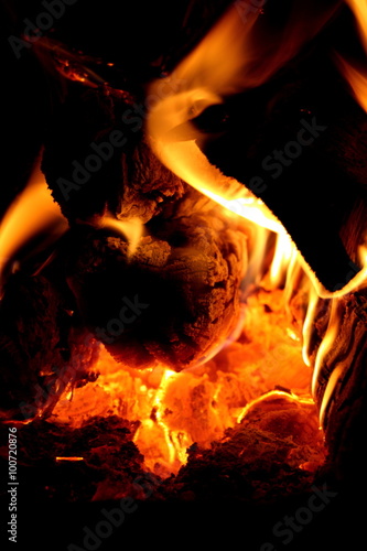 Burning firewood in fireplace