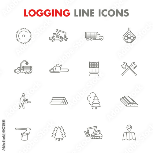 Logging line icons isolated over white, sawmill, forestry equipment, logging truck, tree harvester, timber, lumberjack, wood, lumber,
