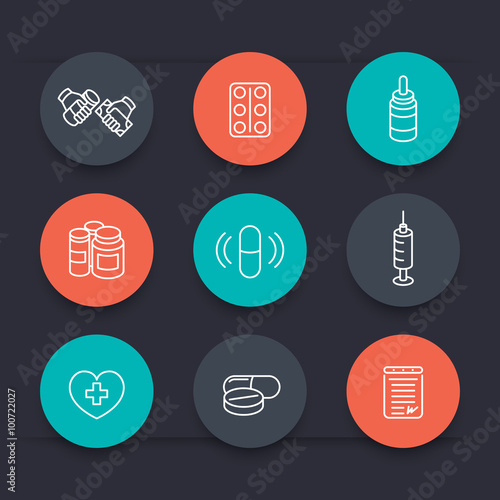 medicine, drugs, pills, pharmaceutics, prescription line round icons, vector illustration