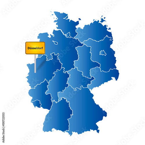 Deutsche Landkarte mit Ortstafel Markierung auf der deutschen Stadt Düsseldorf