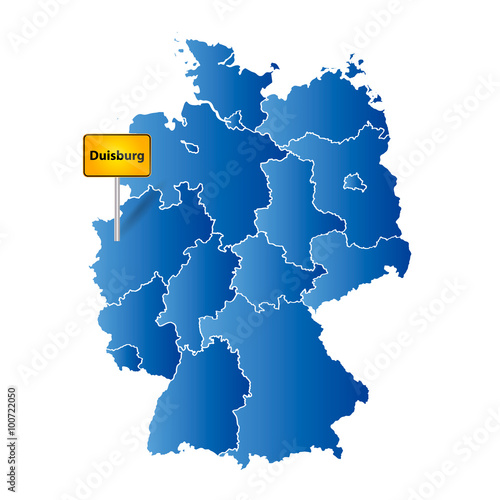 Deutsche Landkarte mit Ortstafel Markierung auf der deutschen Stadt Duisburg