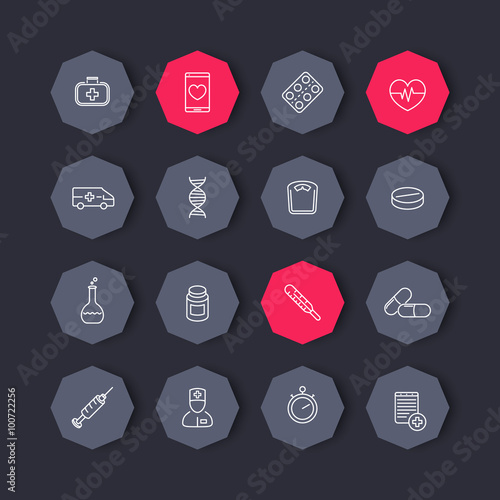 medicine, health care, pharmaceutics line icons, octagon set, vector illustration