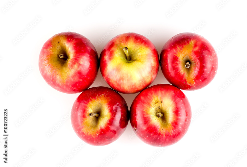 Top view of five apples with stems against white Top view of five apples with stems against white