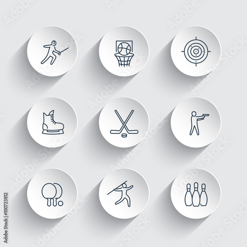 sports, games, team sport line icons on round 3d shapes, hockey, ping pong, basketball, fencing icons, vector illustration