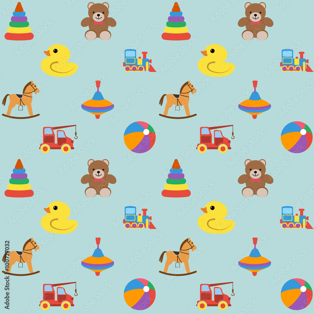 Fototapeta premium Baby seamless pattern with colored icons, for boy