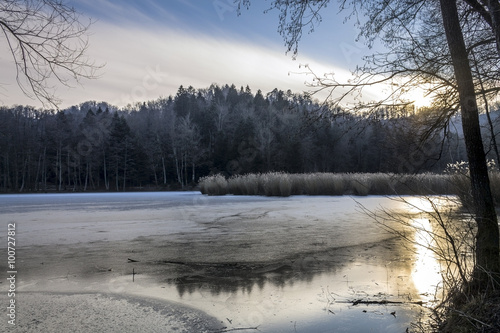 Lake at sunset in winter 