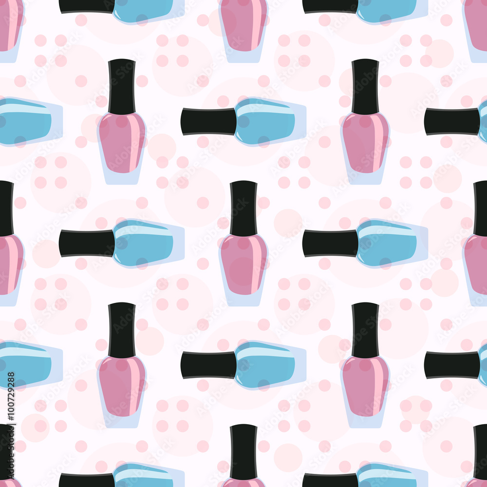 Nail lacquer or nail polish seamless pattern. Pink and blue nail lacquers or nail polishes in seamless pattern with dots on a background Nail lacquer or nail polish seamless pattern. Pink and blue nail lacquers or nail polishes in seamless pattern with dots on a background