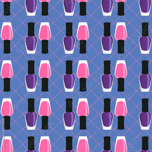 Nail lacquer or nail polish seamless pattern. Pink and purple nail lacquers or nail polishes in seamless pattern with dotted cage on a background