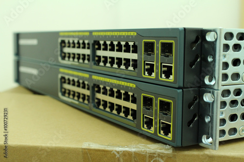 Obraz na płótnie Modem router network hub with cable connecting