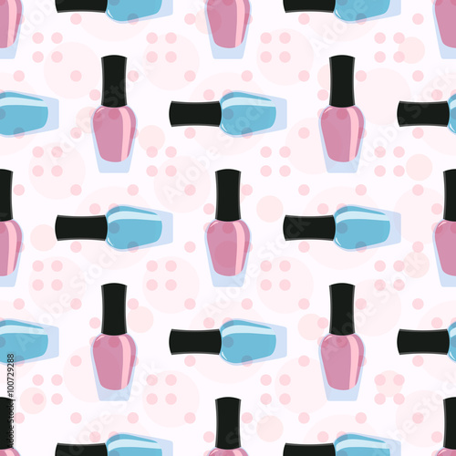 Nail lacquer or nail polish seamless pattern. Pink and blue nail lacquers or nail polishes in seamless pattern with dots on a background
